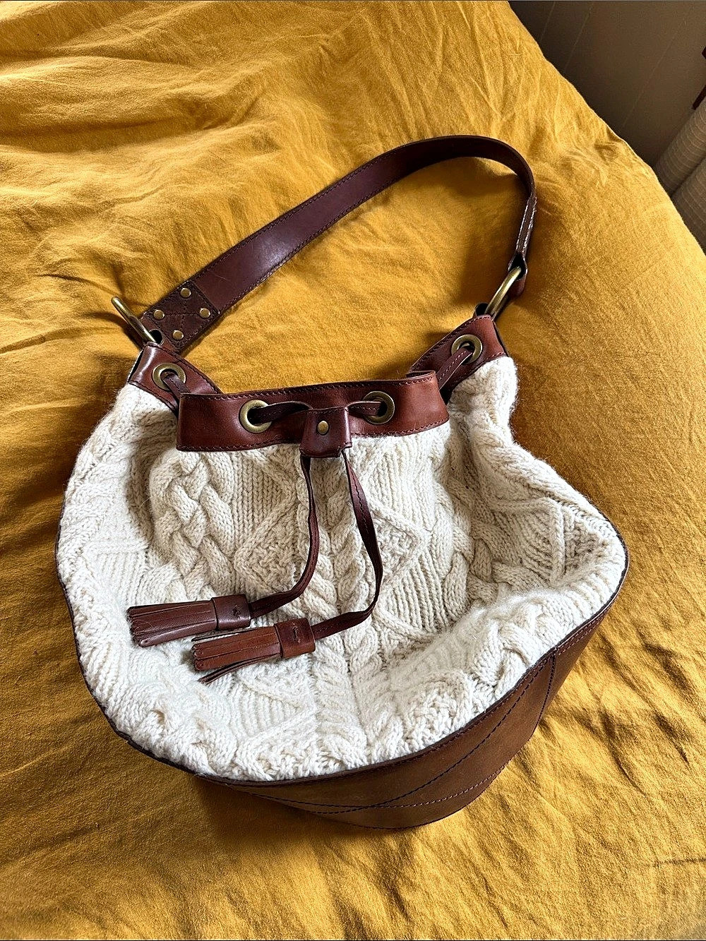 Ralph Lauren Cable Knit Hobo Bag in Brown & Cream